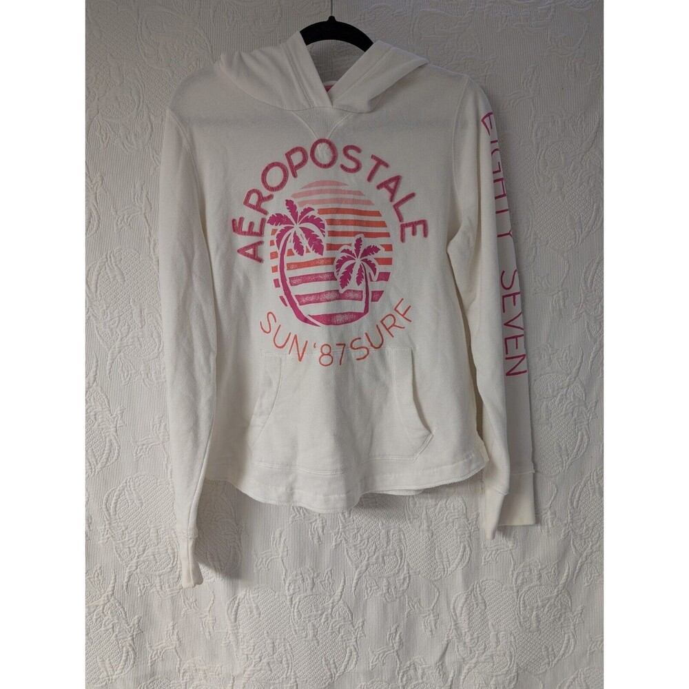 Aeropostale Aero Women's White Hoodie Sun 87 Surf Pink Logo Large XL